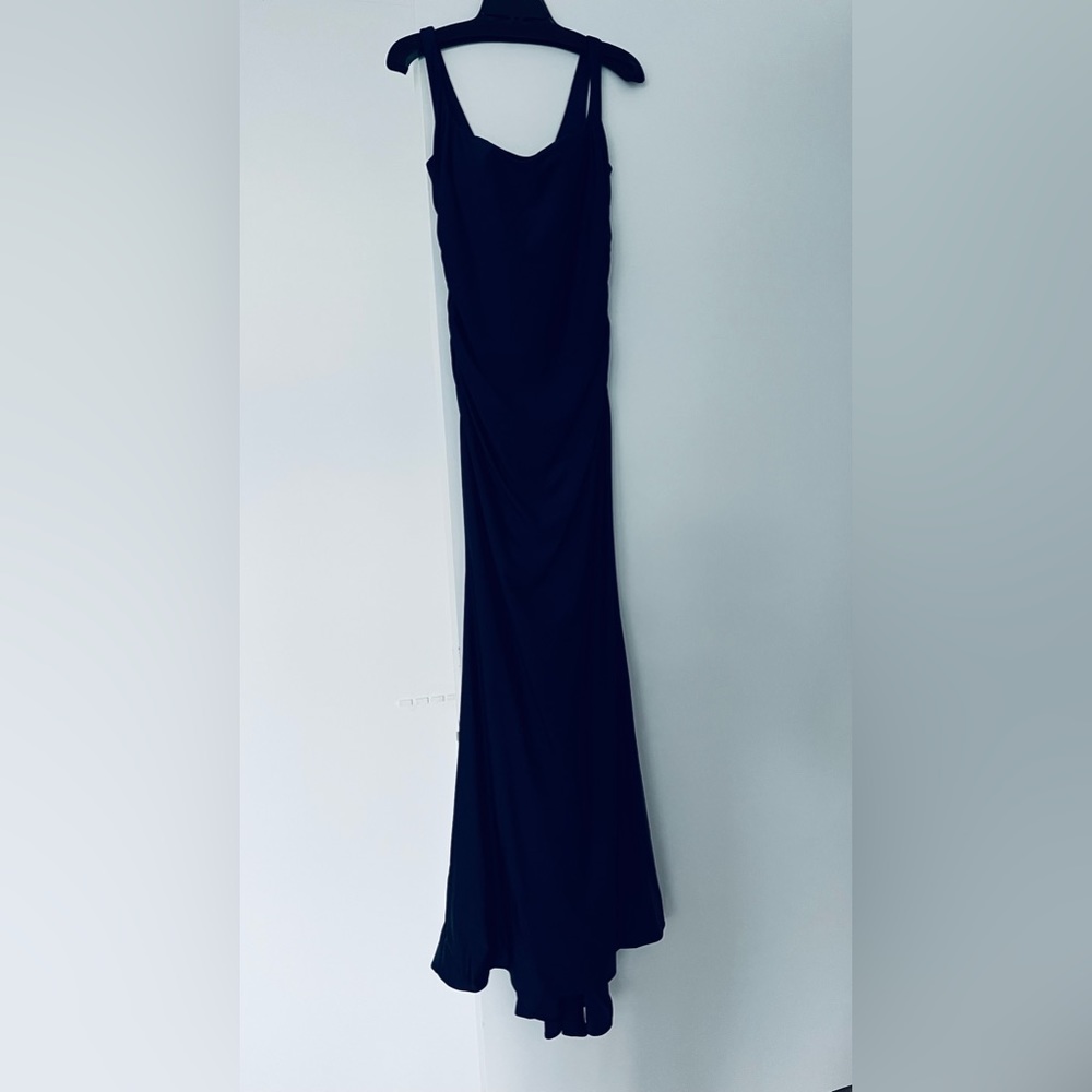 Brand new LA FEMME Square Neckline Long Jersey Dress, size 4, Navy, never worn.